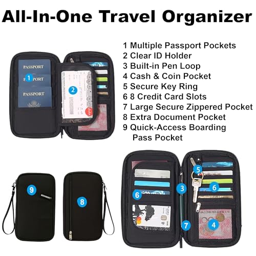 Travel Document Holder RFID Blocking Passport Organizer Family Multi Pocket - color: All-Black
