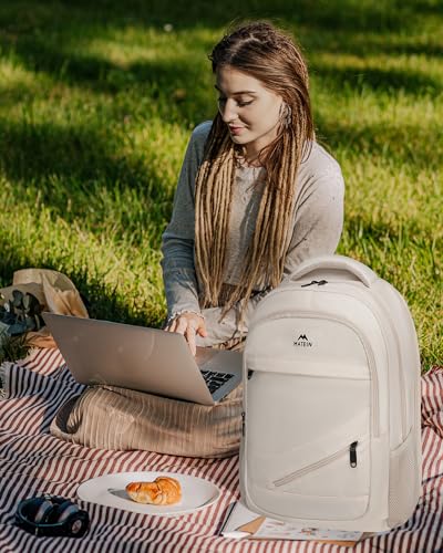 MATEIN Beige Laptop Backpack for Women, Large Capacity TSA Travel Backpack - color: Beige, size: 17 Inch