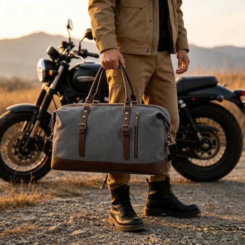 55L Canvas Duffle Bag for Men, Carry On Travel Weekender Overnight Bag - color: Grey