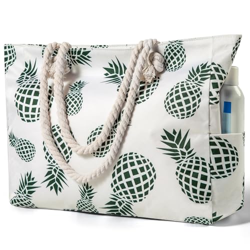 Clothirily Beach Bag for Women, Large Beach Tote Bag Waterproof with Zipper - color: Pineapple