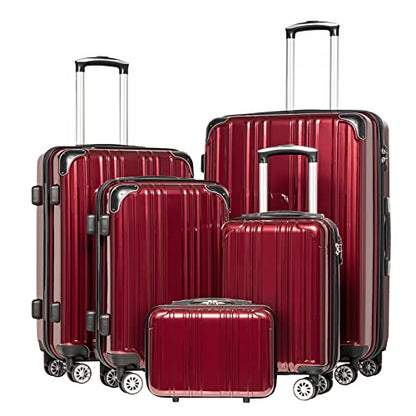 Coolife Luggage Set, Lightweight and Durable Hardshell,5 Pcs, wine wind new - color: wine wind new, size: 5 piece set