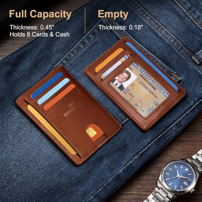 Genuine Leather Mens Wallet Slim RFID Blocking Credit Card Holder - color: VegTan BrickBrown