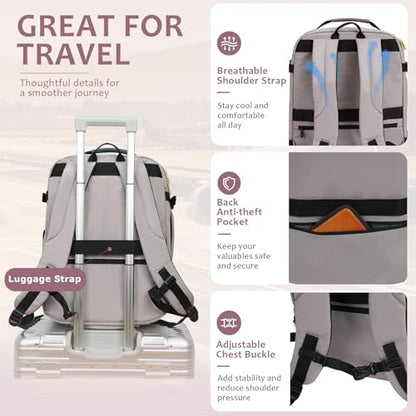 EMPSIGN 40L Travel Backpack for Women & Men | Airline Approved Carry On, TSA Personal Item Bag, Waterproof, Overnight Weekender Essentials, Fits 17" Laptop - color: Beige/Dusty Pink/Grey