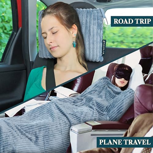 PAVILIA Travel Blanket Pillow, Soft Ribbed Fleece Airplane Blanket, Blue - color: Dusty Blue