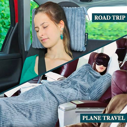 PAVILIA Travel Blanket Pillow, Soft Ribbed Fleece Airplane Blanket, Blue - color: Dusty Blue