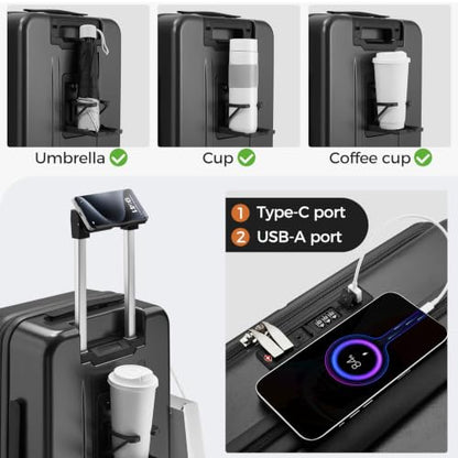 Carry On Luggage Top Opening with Cup Holder & Phone Holder, Expandable PC Hard Shell Suitcase with USB Charging Port, Side Hook, 360° Spinner Wheels, TSA Lock & YKK Zippers - color: Grey