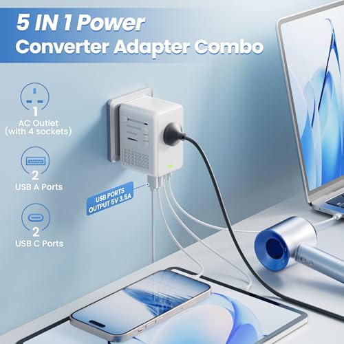 Converter for European Travel with AC Socket, 2 USB C & 2 USB A Ports