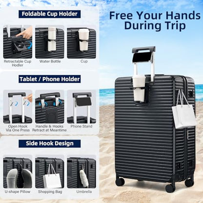 HanTrip 28 Inch Top Opening Hard Case Checked Luggage with Wheels, Black - color: Black, size: Expandable 28 Inch