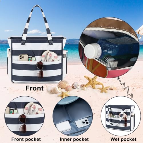 Bluboon Waterproof Beach Tote Pool Bags for Women Ladies Extra Large Carry On Bag With Wet Compartment for Weekender Travel - color: Blue Grey Stripes