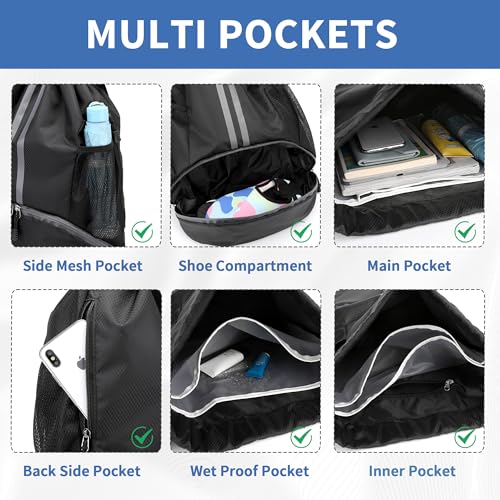 JELUTAR Drawstring Backpack Gym Bag with Shoes Compartment, Black - color: Black, size: Medium