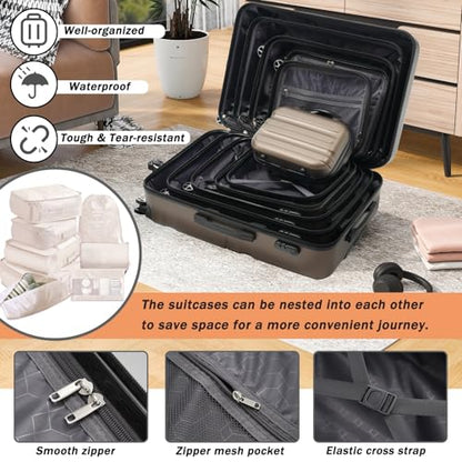 Merax Luggage Set 13 Piece, Hardshell ABS Suitcases with 8 Silent Spinner Wheels, Durable and Lightweight Travel Luggage for Family Trips - color: Brown, style: 13-piece Set