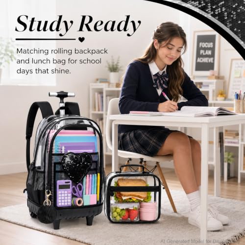 AGSDON Chic Sequin Rolling Clear Backpack Set – 20" Transparent Wheeled Bookbag with Large Front Pocket for School, Daily Commute & Leisure | Black Fashion-Forward Organizer - color: Love Sequin Rolling Backpack Black