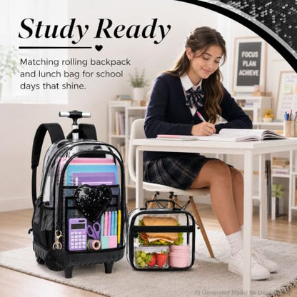 AGSDON Chic Sequin Rolling Clear Backpack Set – 20" Transparent Wheeled Bookbag with Large Front Pocket for School, Daily Commute & Leisure | Black Fashion-Forward Organizer - color: Love Sequin Rolling Backpack Black