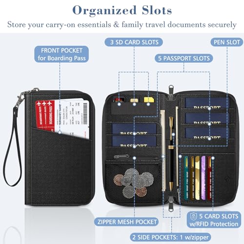 FINTIE Family Passport Holder Wallet Travel Document Organizer Clutch Bag - color: Black