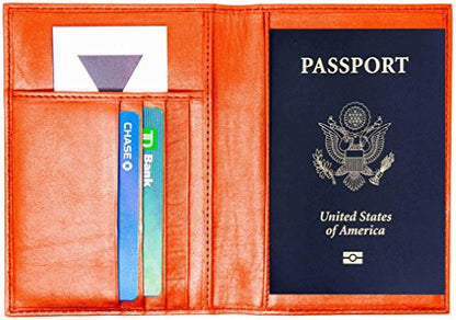 Genuine Cowhide Leather Orange RFID-Blocking Passport Cover Case Holder & Wallet - color: Orange (With RFID)