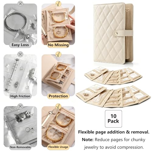 Travel Jewelry Organizer Book, PU Leather, 10 Interchangeable Pages, Rings, Necklaces, Earrings, Bracelets, Compact Portable Case, Off-White