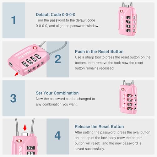 Puroma 2 Pack TSA Approved Luggage Locks 4 Digit Code Cable Lock Basic Pink - color: Basic Pink