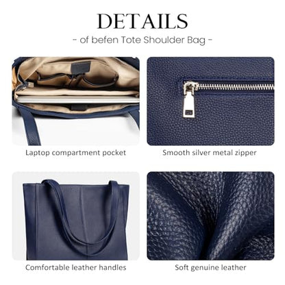 befen Genuine Leather Tote Bag for Women Work Travel Leather Purse Handbags - color: Navy Blue