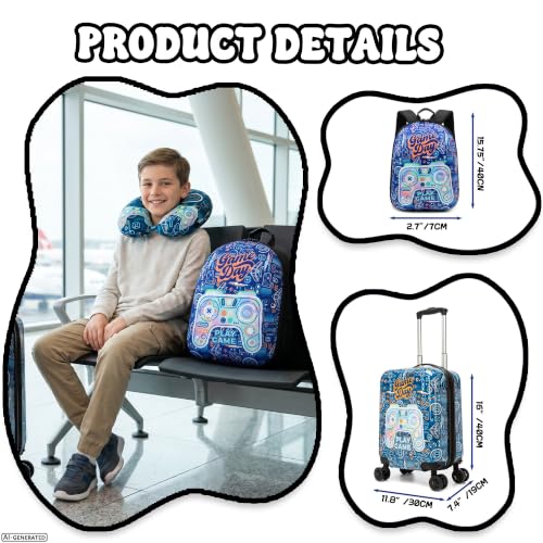 Kid's Luggage Set 4 Piece Suitcase Set 16" Hardside Luggage with Spinner Wheels Boys Carry on Toddler Travel Rolling Suitcase Airline Approved - color: Blue Game Console