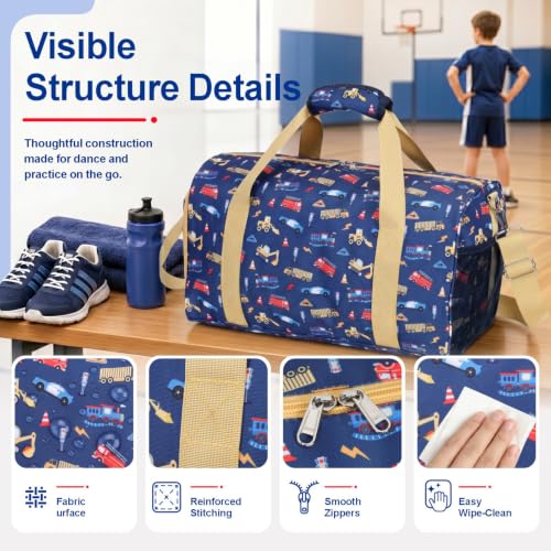 Bagseri Boys Duffle Bag for Travel - Kids Gym Bag with Shoe Compartment - color: B6-Yellow Trucks, size: Medium - 17.3 x 9 x 9.7 in