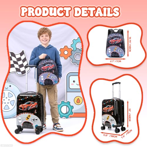 Kid's Luggage Set 4 Piece Suitcase Set Hardside Luggage with Spinner Wheels Boys Carry on Toddler Travel Rolling Suitcase with Hard Shell Airline Approved - color: Black Car