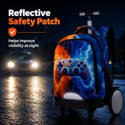 gxtvo Large Wheels & Quiet Glide | Rolling Backpack for Kids - Water-Resistant Wheeled Bag with Lunch Box for School, Travel & Outings - Fire & Lightning Gaming - color: Rolling Backpack Fire Lightning Gaming