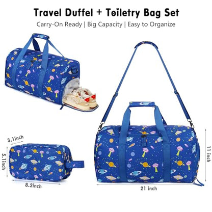 Boys Duffle Bag for Travel, Kids Duffle Bag Large Weekender Overnight Bags with Kids Toiletry Bag Set Shoe Compartment Carry on, Space Blue - color: Space Blue