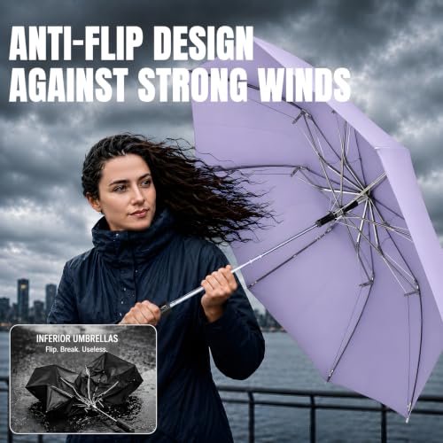 Collapsible Windproof Umbrella Travel - 42inch Auto Open & Manual Close - color: 03.Lilac
