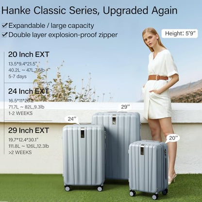 Hanke 24 Inch Expandable Medium Checked Luggage with 8 Spinner Wheels - color: Grey, size: 24 Inch EXT