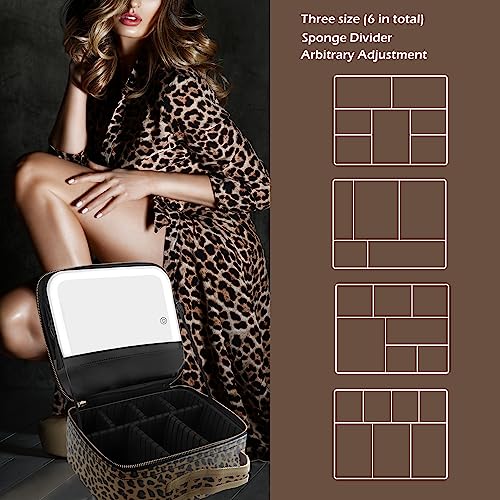 MOMIRA Travel Makeup Bag Cosmetic Bag Makeup Organizer Bag with Large Lighted Mirror（Leopard Light-brown） - color: Leopard Light-brown