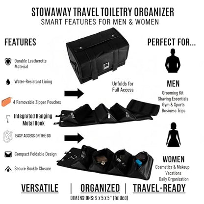 Compact Leatherette Travel Case for Men & Women, Black/Black - color: Black / Black