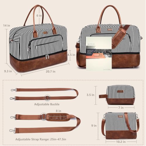 Large Women Travel Weekender Bag: Carry on Duffle with Shoe Compartment - color: 02 Black Striped