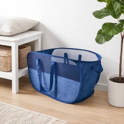 Extra Large Mesh Pop Up Laundry Hamper, 100L Collapsible Laundry Basket | Foldable Dirty Clothes Hamper with Reinforced Handles, Tear-Resistant, Space-Saving for Bedroom Dorm Bathroom Home RV Stair - color: Blue