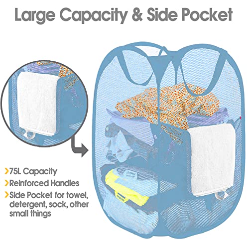 BATTOO Deluxe Strong Mesh Pop up Laundry Hamper Basket with Side Pocket Foldable Hamper for Laundry Room, Bathroom, Kids Room, College Dorm or Travel Light Blue - color: Light blue