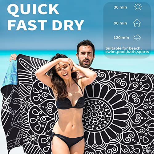 Microfiber Beach Towel Oversized 71x32, Thin, Black with Bag 2 Pack - color: 2 Pack Black Mandala Elephant