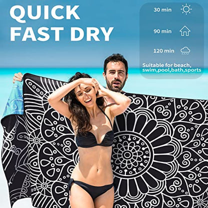 Microfiber Beach Towel Oversized 71x32, Thin, Black with Bag 2 Pack - color: 2 Pack Black Mandala Elephant