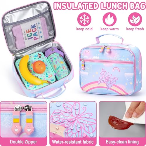 Fimibuke 3PCS Kids Backpack for School Girls with Lunch Box & Pencil Case - color: Blue Rainbow