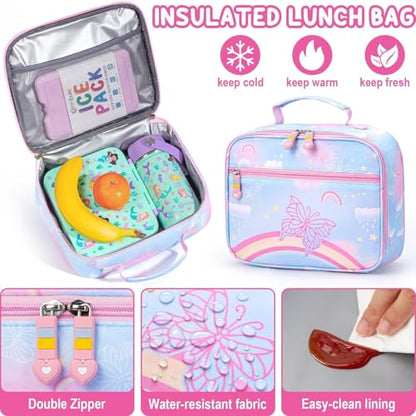 Fimibuke 3PCS Kids Backpack for School Girls with Lunch Box & Pencil Case - color: Blue Rainbow