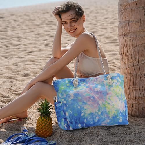 Clothirily Beach Bag for Women, Large Beach Tote Bag Waterproof with Zipper - color: Tie Dye Blue