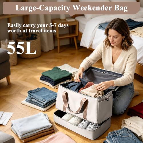 Travel Duffle Bag with Shoe Compartment, Overnight Weekender Bags for Women - color: Beige & Brown