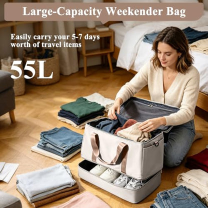 Travel Duffle Bag with Shoe Compartment, Overnight Weekender Bags for Women - color: Beige & Brown