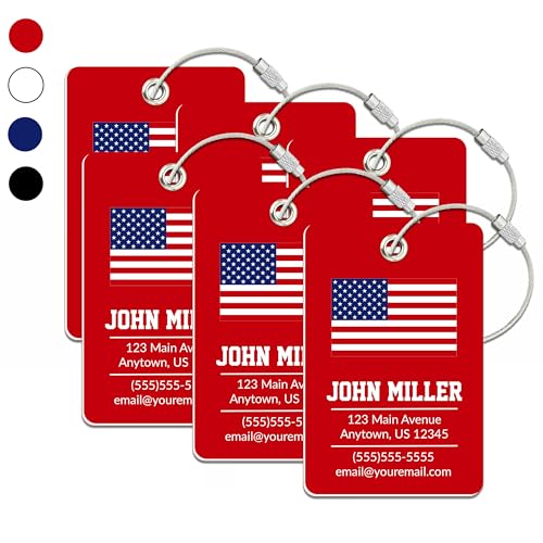 Personalized Luggage Tag with American Flag | 6 Pack | Custom Luggage Tags for Suitcases | Kids Backpack Tag | 4 Color Options & Choose Font, Font Color - color: Red, size: 6 pack - Large
