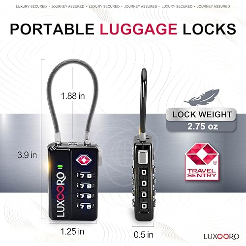 Tool-Less TSA Approved Luggage Lock with Alert Indicator, 4-Digit Resettable Combination, Durable Zinc Alloy Travel Locks for Suitcase, Backpack, Toolbox, Locker, Keyless – Black (2 Pack)