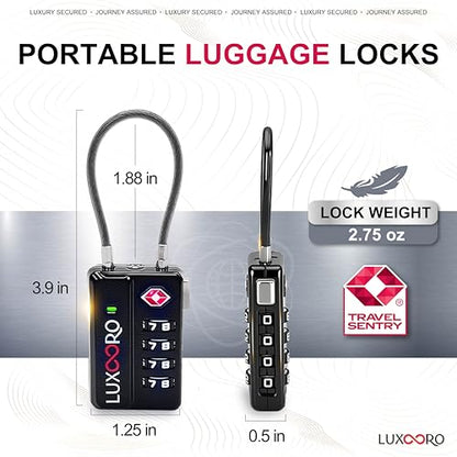 Tool-Less TSA Approved Luggage Lock with Alert Indicator, 4-Digit Resettable Combination, Durable Zinc Alloy Travel Locks for Suitcase, Backpack, Toolbox, Locker, Keyless – Black (2 Pack)