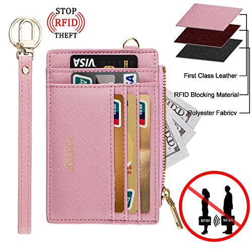Wikavanli Women Slim Rfid Blocking Credit Card Case Holder Wristlet Zip ID Case Wallet Small Compact Leather Wallet Coin Purse with Keychain (Pink) - color: Pink