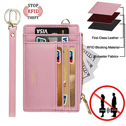 Wikavanli Women Slim Rfid Blocking Credit Card Case Holder Wristlet Zip ID Case Wallet Small Compact Leather Wallet Coin Purse with Keychain (Pink) - color: Pink