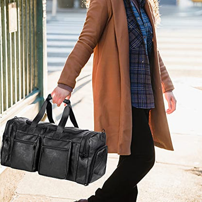 Travel Bag with Shoe Pouch,Weekender Overnight Bag Leather Large Carry On Bag - color: Black