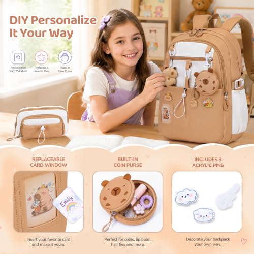 DIGOBAY Backpack for Girls, 5PCS School Bookbag with Lunch Box Pencil Case - color: Brown
