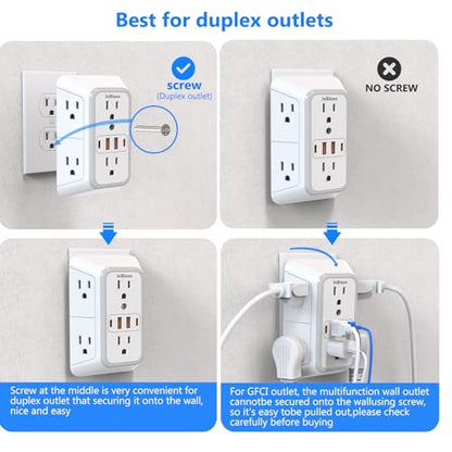 2 Pack Outlet Extender Surge Protector, 6 Outlet Splitter with 4 USB Outlet (2 USB A,2 USB C), 3Sided Power Strip with Adapter Spaced Outlets for Home, Office, Travel(White)-ETL - color: White 2 Pack