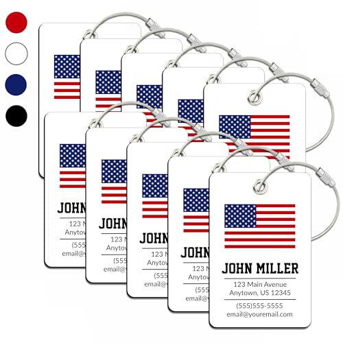 Personalized Luggage Tag with American Flag | 10 Pack | Custom Luggage Tags for Suitcases | Kids Backpack Tag | 4 Color Options & Choose Font, Font Color - color: White, size: 10 pack - Large